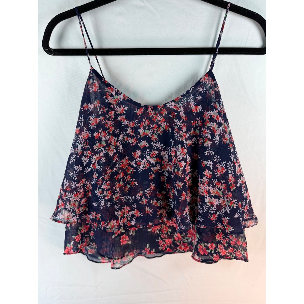 Express Navy Blue Floral Chiffon Tiered Camisole Top Red Pink Flowers Medium